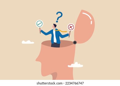 Decision making or logical thinking, choose right or wrong, correct or incorrect, solve problem, critical thinking, decide and dilemma concept, businessman in his head making decision right or wrong.