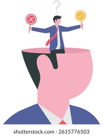Decision making or logical thinking, choose right or wrong, correct or incorrect, solve problem, critical thinking, decide and dilemma concept, businessman in his head making decision right or wrong.
