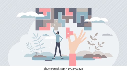 Decision making and logical thinking in difficult tasks tiny person concept. Find solution or business strategy to solve complex situations vector illustration. Problem management with analysis skills