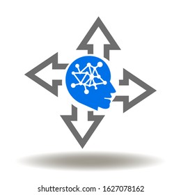 Decision making logo. Human head brain mind with four arrows icon vector. Solution Decide Bias Symbol.