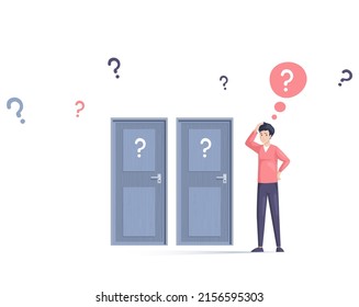 Decision making. Man doubts his choice which door to enter. Choose options person concept. Career, life and question decisions process visualization. Different professional direction confusion