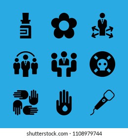 decision making, meeting, flower, supportive hands, microphone, group, drop of water on hand, poison and medicine vector icon. Simple icons set