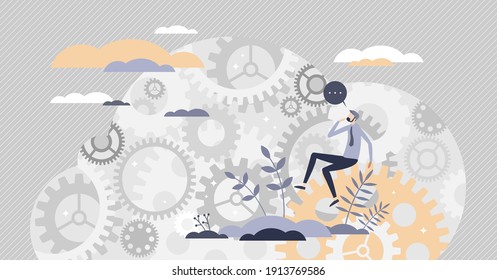 Decision Making Mind About Complex And Difficult Process Tiny Person Concept. Challenge Solving, Research And Analysis As Gear System In Head Vector Illustration. Symbolic Question Progress Mechanism.