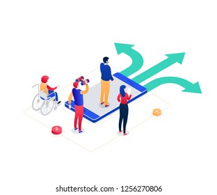 Decision making - modern colorful isometric vector illustration on white background. Image of male, female colleagues, business team standing on the crossroads, trying to choose the best solution