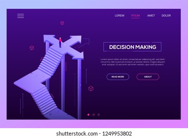 Decision making - modern isometric vector website header on purple background with copy space for your text. High quality banner with businessman standing on the crossroads, trying to make choice