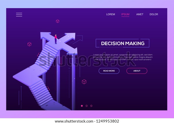 Decision making - modern isometric vector website\
header on purple background with copy space for your text. High\
quality banner with businessman standing on the crossroads, trying\
to make choice