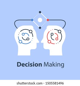 Decision making, negotiation and persuasion, communication skill, human resources, retraining course, teamwork concept, critical thinking, psychology or psychiatry, vector flat illustration