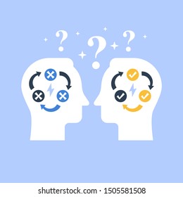 Decision making, negotiation and persuasion, communication skill, false logic circle, logical solution, critical thinking, psychology or psychiatry concept, vector flat illustration