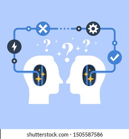 Decision making, negotiation and persuasion, communication skill, false logic circle, logical solution, critical thinking, psychology or psychiatry concept, vector flat illustration