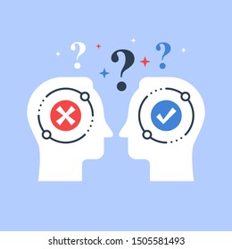 Decision making, opinion poll, bias and mindset, negotiation and persuasion, argumentation dialog, two heads, psychology or sociology, vector flat illustration