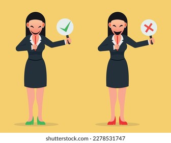 Decision making options and hidden secrets. Two business women holding placards showing dissatisfaction and satisfaction