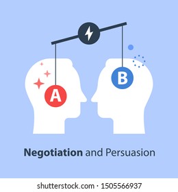 Decision making, outweigh scale, bias and mindset, positive or negative, between two sides, negotiation and persuasion, mutual agreement, teamwork vector flat illustration