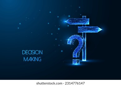 Decision making, problem solving futuristic concept with direction signpost and question mark in glowing low polygonal style on blue background. Modern abstract connection design vector illustration.