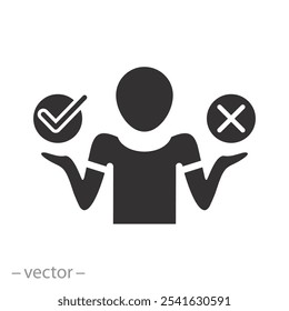 decision making process, icon of choose between yes or no, undecided human, definition with choice, flat vector illustration