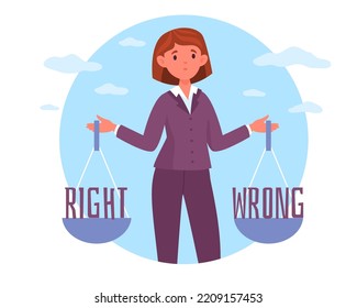 Decision Making Process, Right Or Wrong Choice Between Two Options, Honesty And Moral Principle. Woman Hold Scales, Solving Problem, Positive And Negative, Truth And Lies, Vector Concept