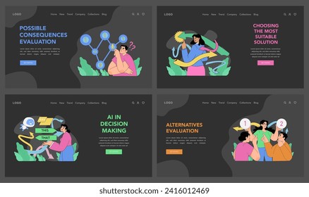 Decision making process set. Evaluating consequences, assessing risks and pinpointing optimal solutions. Diverse male and female characters navigate complex choices. Flat vector illustration