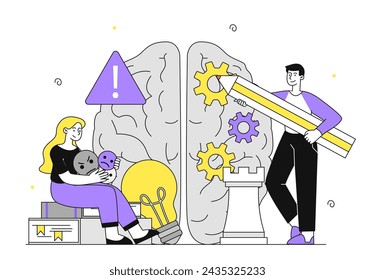 Proceso de toma de decisiones simple. Hombre y mujer cerca del cerebro. Partes lógicas y creativas del cerebro. Anatomía y biología. Doodle ilustración vectorial plana aislada sobre fondo blanco