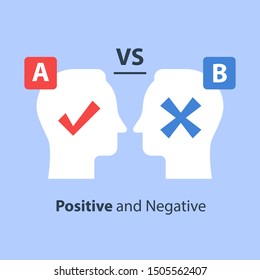 Decision making, pros and cons, for and against, versus concept, opinion poll sociology, bias and mindset, positive or negative reaction, argumentation dialog, two sides, vector flat illustration