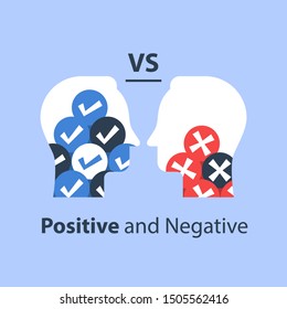 Decision making, pros and cons, for and against, versus concept, opinion poll sociology, bias and mindset, positive or negative reaction, argumentation dialog, two sides, vector flat illustration