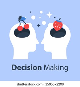 Decision making, psychology of choice, focus group, marketing concept, mindset or bias, manipulation and persuasion, vector flat illustration