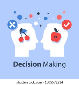Decision making, psychology of choice, focus group, marketing concept, mindset or bias, manipulation and persuasion, vector flat illustration