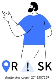 Decision making, risk management, business strategy, warning signs, guidance, uncertainty. A person pointing with risk-related symbols. Risk management and warning signs concept