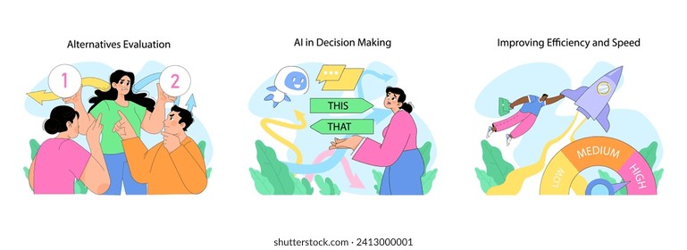 Establecimiento de decisiones. Examen de alternativas, aprovechamiento de la IA y aumento de la eficiencia. Los caracteres representan procesos de decisión rápidos y modernos. Utilizar tecnologías para elegir. Ilustración vectorial plana