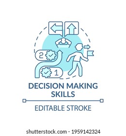 Decision making skills blue concept icon. Analytical thinking, evaluating and finding solution. Problem solving idea thin line illustration. Vector isolated outline RGB color drawing. Editable stroke
