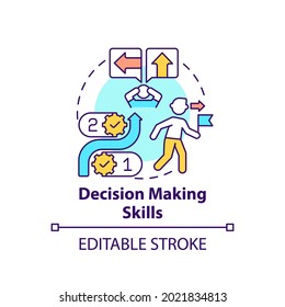 Decision making skills concept icon. Analytical thinking, evaluating and finding solution. Problem solving idea thin line illustration. Vector isolated outline RGB color drawing. Editable stroke