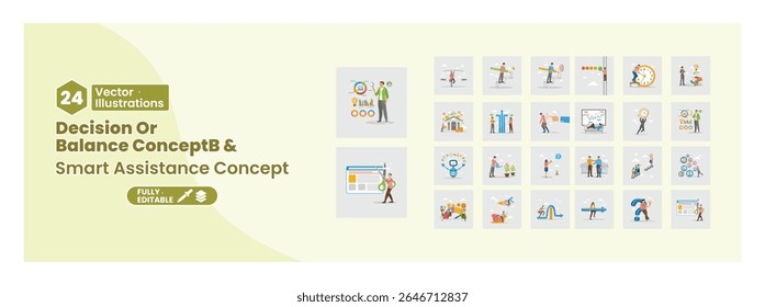 Conceito de tomada de decisões e de assistência inteligente. Empreendedores trabalham juntos em decisões de negócios usando ferramentas de assistência on-line. Mega set.