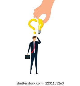 decision making and solution, confusing businessman stand with question mark sign then helping hand put half of lightbulb lamp for bright solution.