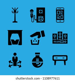 decision making, speaker, sound system, cupboard, bed, flask, rack, smartphone and recycling vector icon. Simple icons set