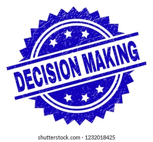 DECISION MAKING stamp seal watermark with distress style. Blue vector rubber print of DECISION MAKING caption with grunge texture.