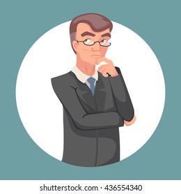 Decision Making Thoughtful Genius Smart Adult Businessman Character Icon on Stylish Background Retro Vintage Cartoon Poster Design Vector Illustration