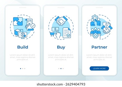 Decision making tools blue onboarding mobile app screen. Walkthrough 3 steps editable graphic instructions with linear concepts. UI, UX, GUI
