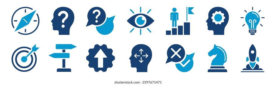 Decision making, uncertainty, strategy, vision, problem solving and career path flat icon set