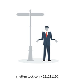 Decision making under uncertainty, fork situation, business strategy, overcome doubt, vector flat illustration