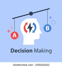 Decision making under uncertainty, pros and cons, for and against, outweigh scale, bias and mindset, positive or negative, between two sides, control test, vector flat illustration