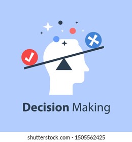 Decision making under uncertainty, pros and cons, for and against, outweigh scale, bias and mindset, positive or negative, between two sides, control test, vector flat illustration