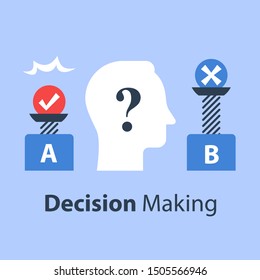 Decision making under uncertainty, pros and cons, for and against, outweigh scale, bias and mindset, positive or negative, between two sides, control test, vector flat illustration