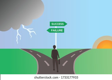 Decision making vector concept: Businessman carrying a suitcase standing on a cross road with a  Success and Failure road sign