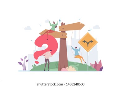 Decision Making Vector Illustration Concept Showing a confused person trying to decide which direction to go, Suitable for landing page, ui, web, App intro card, editorial, flyer, and banner.