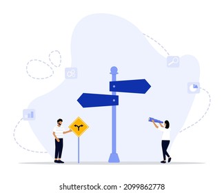 Decision Making Vector Illustration Concept Showing A Confused Person Trying To Decide Which Direction To Go, 
Suitable For Landing Page, Ui, Web, App Intro Card, Editorial, Flyer, And Banner.