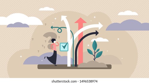 Decision making vector illustration. Flat tiny choose options person concept. Career, life and question decisions process visualization. Different professional direction confusion and crossroad puzzle