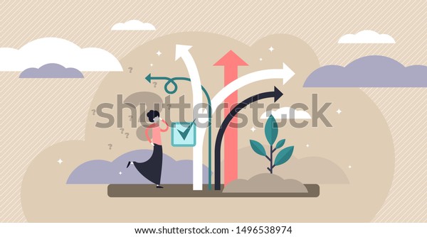 Decision making vector illustration. Flat tiny\
choose options person concept. Career, life and question decisions\
process visualization. Different professional direction confusion\
and crossroad puzzle