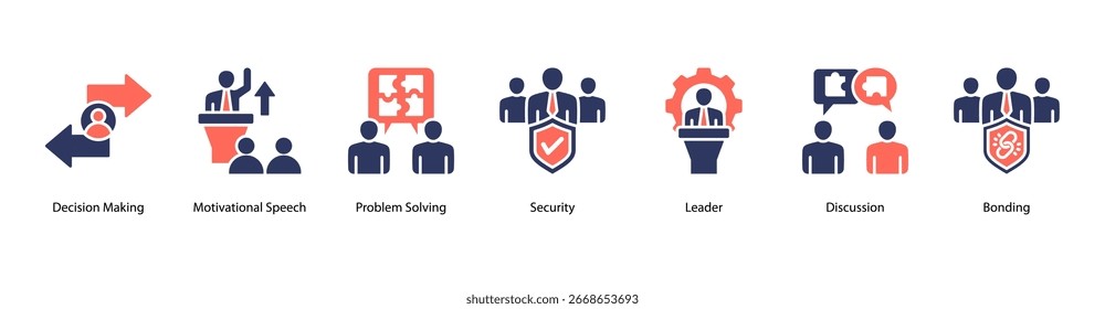 Decision Making web banner vector illustration featuring Decision Making, Motivational Speech, Problem Solving, Security, Leader, Discussion, and Bonding.
