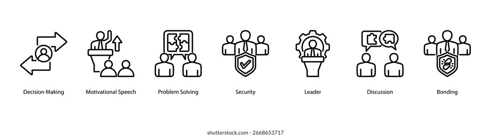 Decision Making web banner vector illustration featuring Decision Making, Motivational Speech, Problem Solving, Security, Leader, Discussion, and Bonding.