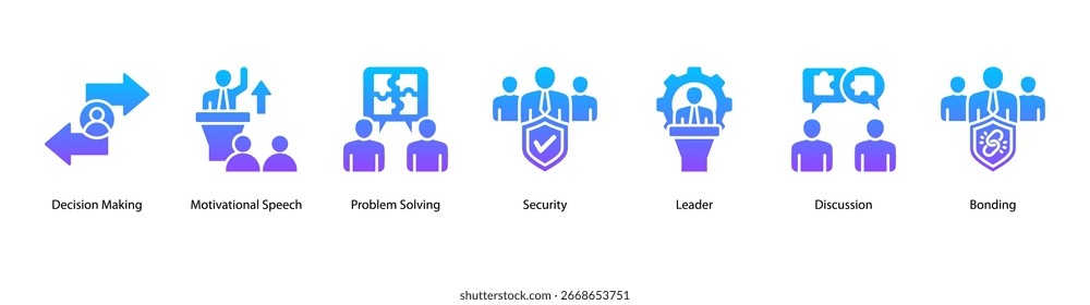 Decision Making web banner vector illustration featuring Decision Making, Motivational Speech, Problem Solving, Security, Leader, Discussion, and Bonding.