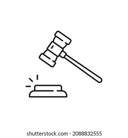 Decision mallet judge hammer, court and law legal service icon. Vector judge equipment, court item, justice and verdict announcement of guilty or innocent. Judicial branch of power symbol