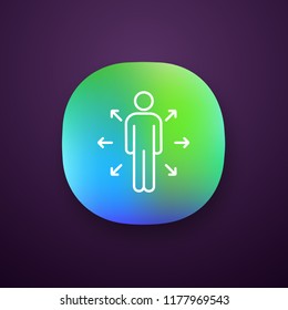 Decision management app icon. UI/UX user interface. Key person. Channels of communication. Leader. Career opportunities. Person with arrows. Web or mobile application. Vector isolated illustration